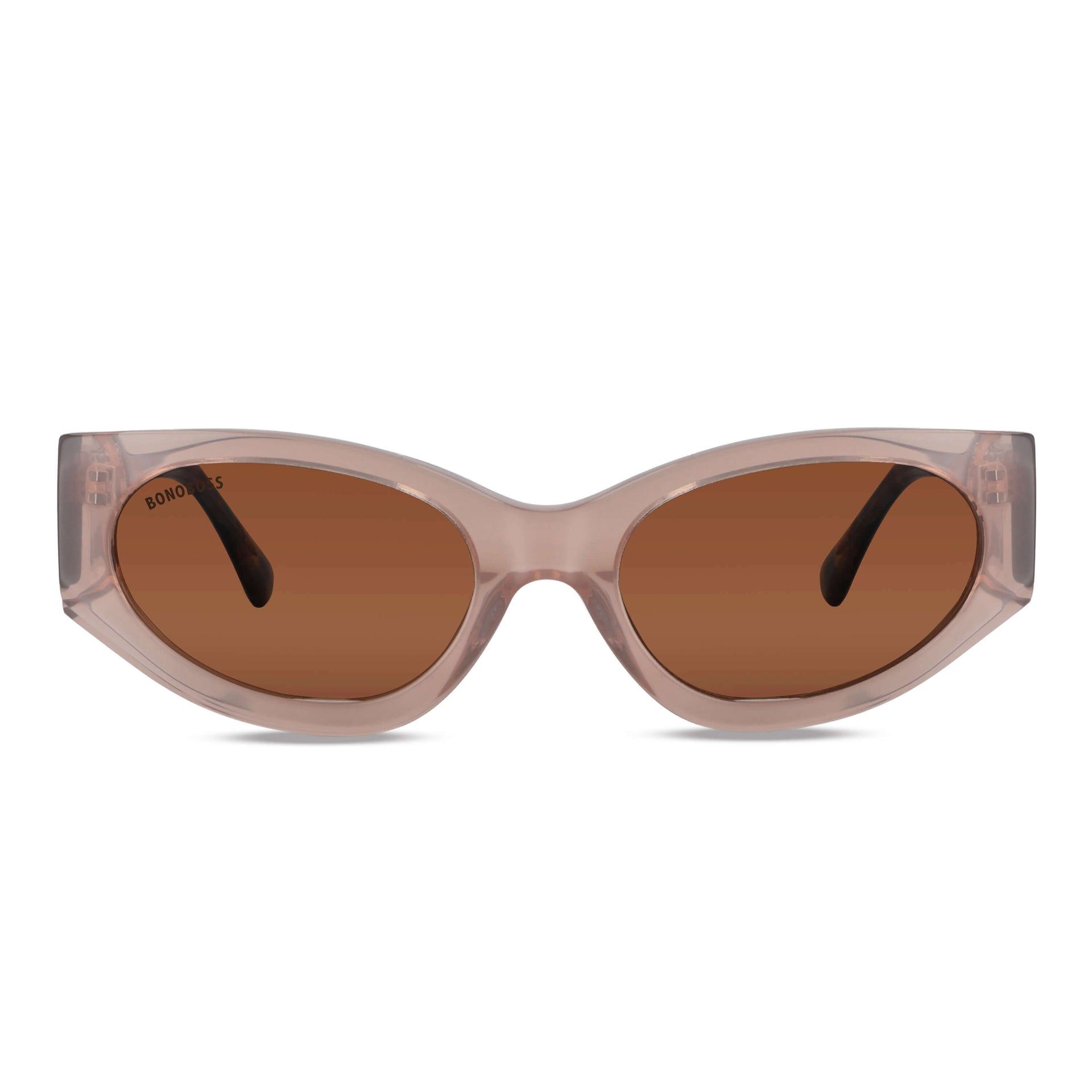 anteojos lentes de sol agatados para mujer de cara redonda grande polarizados con o sin receta optica vista frontal con lentes cafe oscuros de color #color_peach