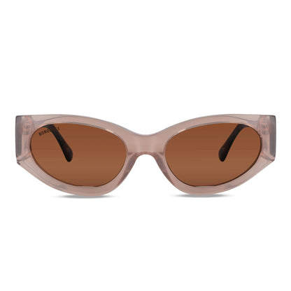 anteojos lentes de sol agatados para mujer de cara redonda grande polarizados con o sin receta optica vista frontal con lentes cafe oscuros de color #color_peach