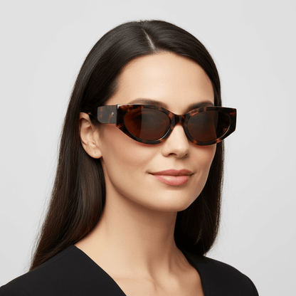 la vista lateral de una mujer de cara ovalada con pelo liso suelto de color castaño usando unos anteojos de sol polarizados Bonoboss sustentables ecologicos en acetato reciclado de color carey jaspeado y lentes de color café #color_carey