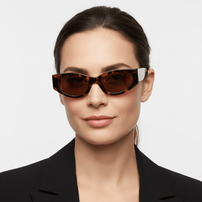 la vista de lado de una mujer de cara ovalada con pelo liso tomado de color castaño usando unos anteojos de sol polarizados Bonoboss sustentables ecologicos en acetato reciclado de color carey jaspeado y lentes de color café #color_carey