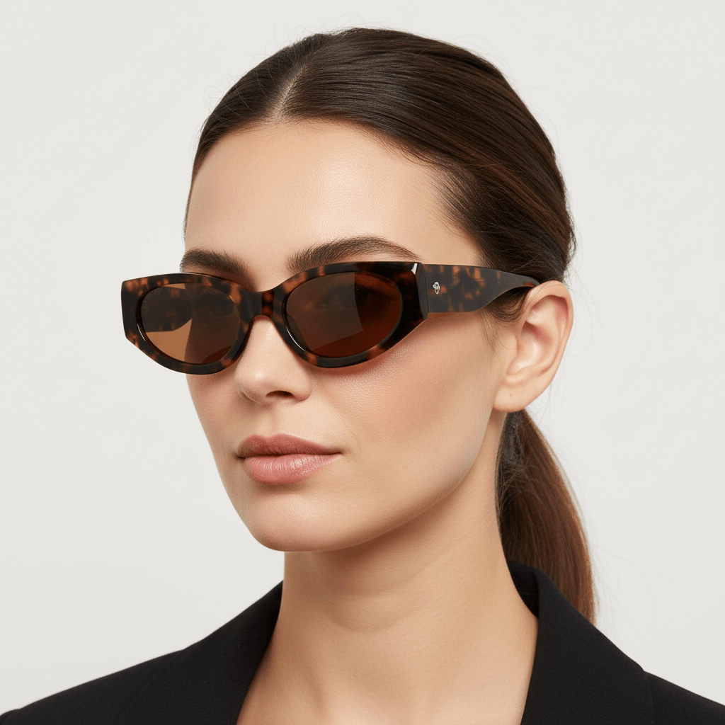 la vista lateral de una mujer de cara ovalada con pelo liso con cola de caballo de color castaño usando unos anteojos de sol polarizados Bonoboss sustentables ecologicos en acetato reciclado de color carey jaspeado y lentes de color café #color_carey
