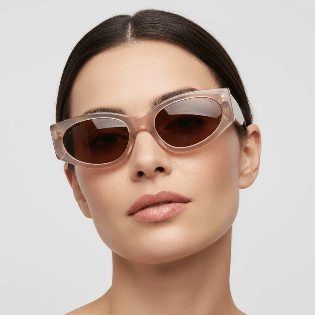 la vista rontal de una mujer de cara redonda con pelo liso tomado de color castaño oscuro mirando hacia arriba  usando unos anteojos de sol polarizados Bonoboss sustentables ecologicos en acetato reciclado de color negro y lentes de color negro con receta #color_peach