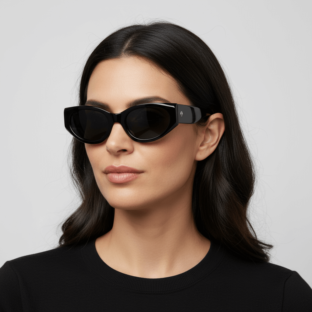 la vista lateral de una mujer de cara redonda con pelo ondulado suelto de color castaño oscuro mirando hacia arriba en 45º usando unos anteojos de sol polarizados Bonoboss sustentables ecologicos en acetato reciclado de color negro y lentes de color negro con receta #color_negro