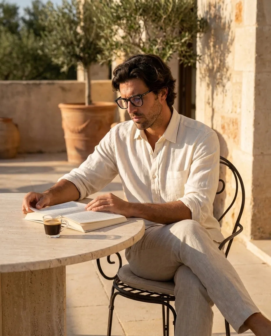 Bonoboss Selknam Clip Sol Negro - modelo terraza lectura libro espresso golden hour #editorial_lifestyle4 #color_negro