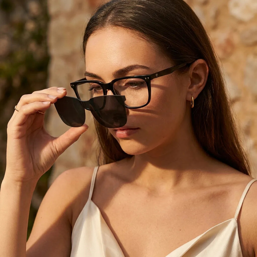 Bonoboss Selknam Clip Sol Negro - modelo mujer modo óptico inspeccionando lentes clip-on sistema 2 piezas #editorial_modo_optico #color_negro