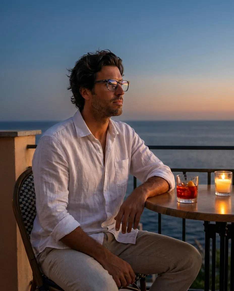 Bonoboss Selknam Clip Sol Azul - modelo aperitivo atardecer terraza blue hour #editorial_lifestyle2 #color_azul
