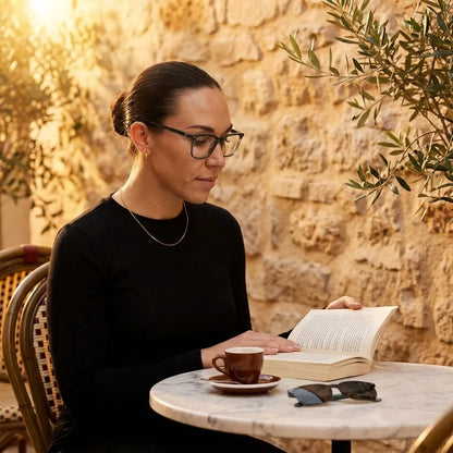 Bonoboss Selknam Clip Sol Verde - modelo mujer terraza lectura libro espresso cristales tratamientos #editorial_tratamientos #color_verde