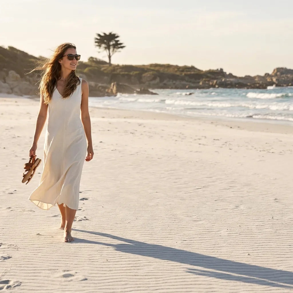 Bonoboss Selknam Clip Sol Brown - modelo playa atardecer caminata golden hour #editorial_lifestyle1 #color_brown