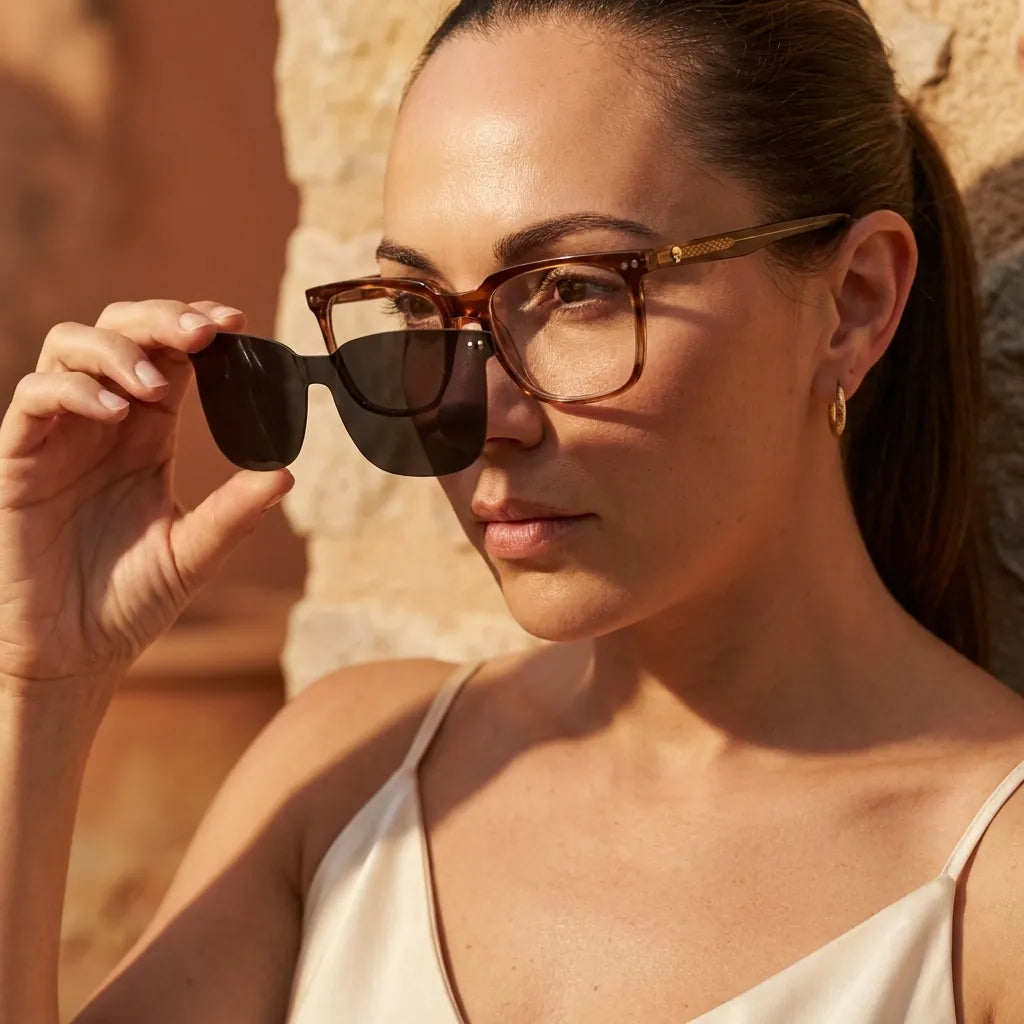 Bonoboss Selknam Clip Sol Brown - modelo mujer modo óptico inspeccionando lentes clip-on sistema 2 piezas #editorial_modo_optico #color_brown