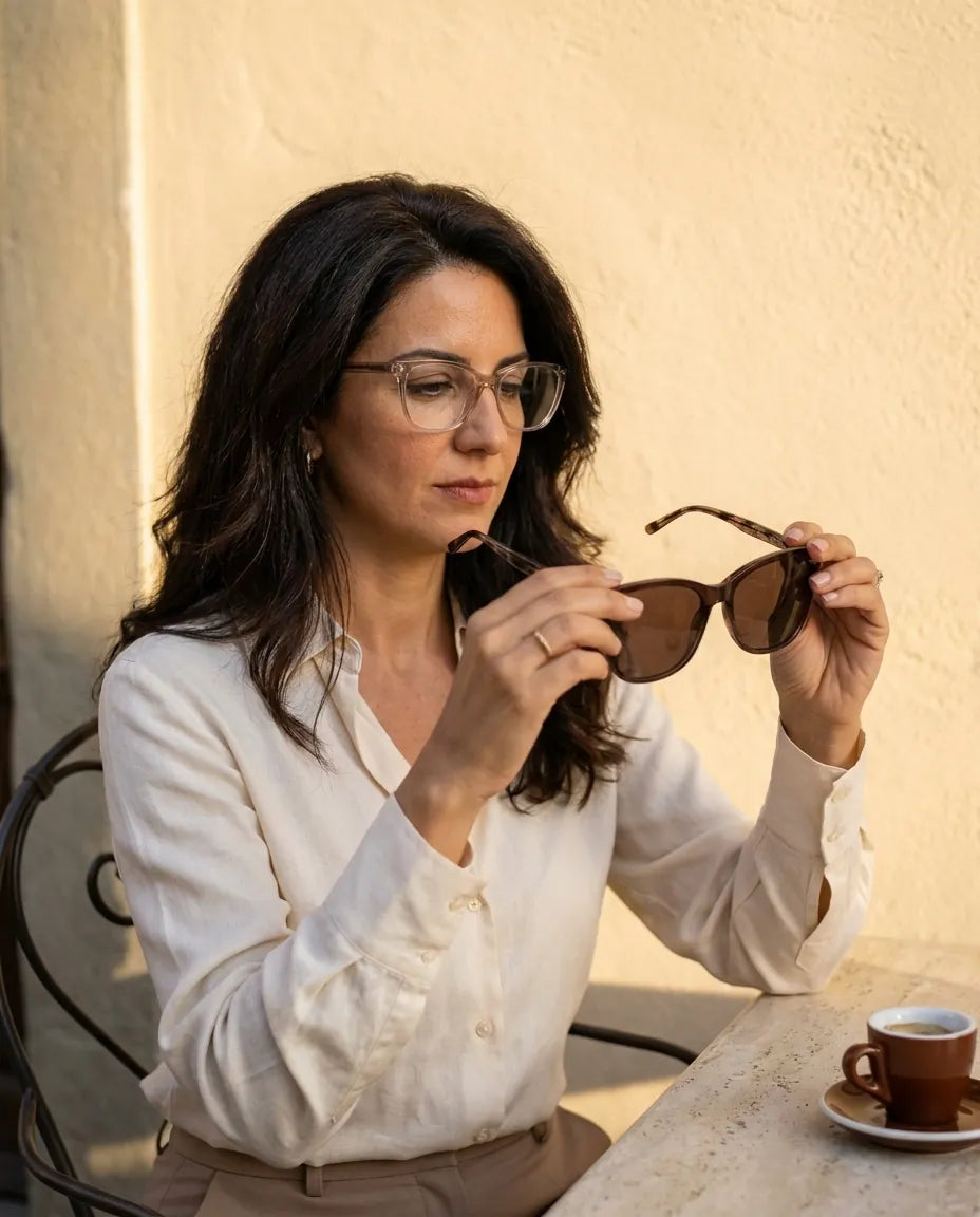 Bonoboss Demi Clip Sol Champagne - modelo mujer modo óptico inspeccionando lentes clip-on sistema 2 piezas #editorial_modo_optico #color_champagne