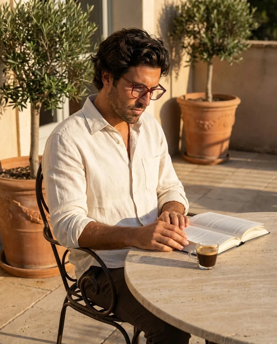 Bonoboss Demi Clip Sol Red - modelo terraza lectura libro espresso golden hour #editorial_lifestyle2 #color_rojo