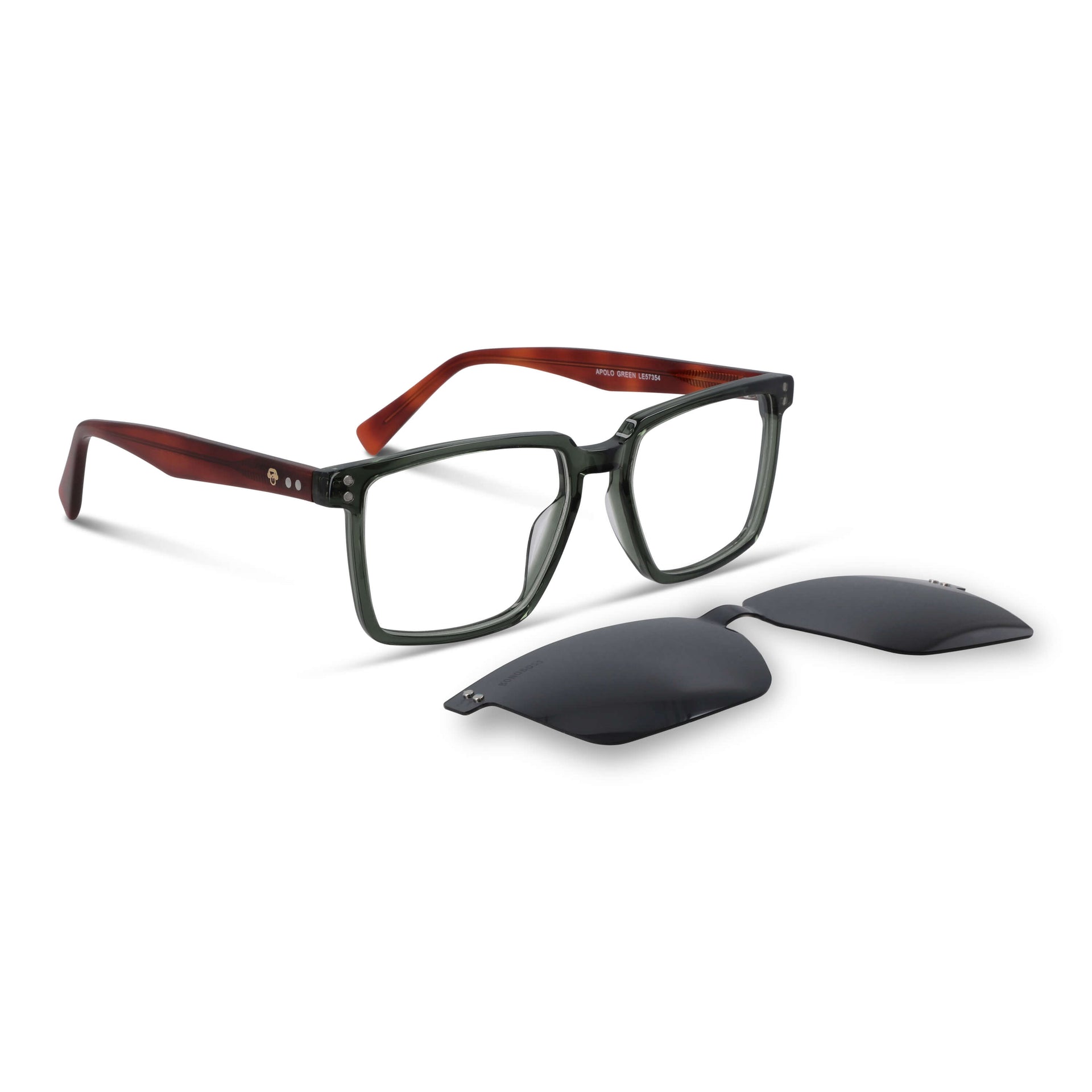 armazones opticos con clip de sol polarizado rectangulares marco optico acetato sustentable biodegradable para hombre y mujer de cara redonda grande de color #color_verde-caramel