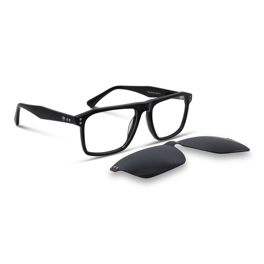 anteojos armazones marcos opticos con clip de sol polarizado rectangulares grandes en acetato sustentable biodegradable una vista angulada del color #color_negro