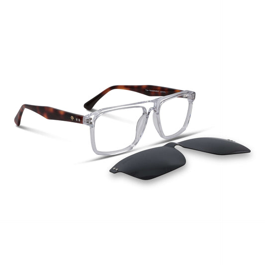 anteojos armazones marcos opticos con clip de sol polarizado rectangulares grandes en acetato sustentable biodegradable una vista angulada del color #color_transparente