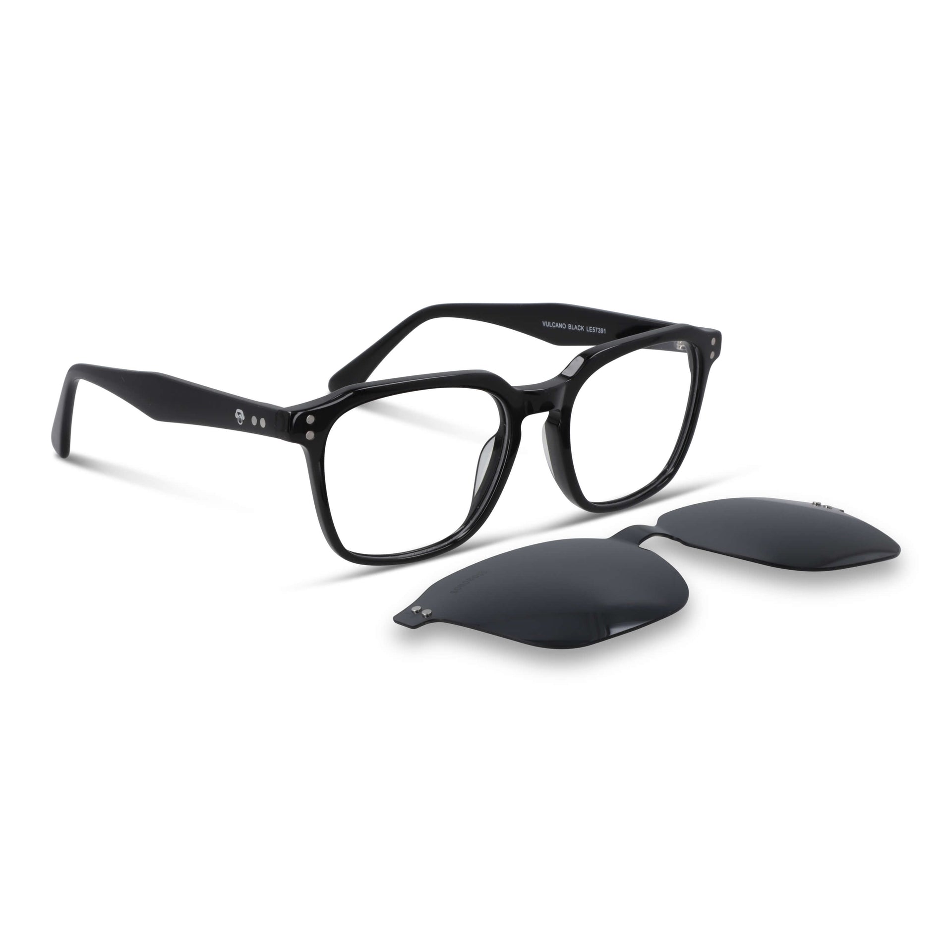 armazón óptico con clip de sol polarizado geometrico marco optico acetato sustentable biodegradable para hombre y mujer de cara ovalada grande vista angulada de color #color_negro