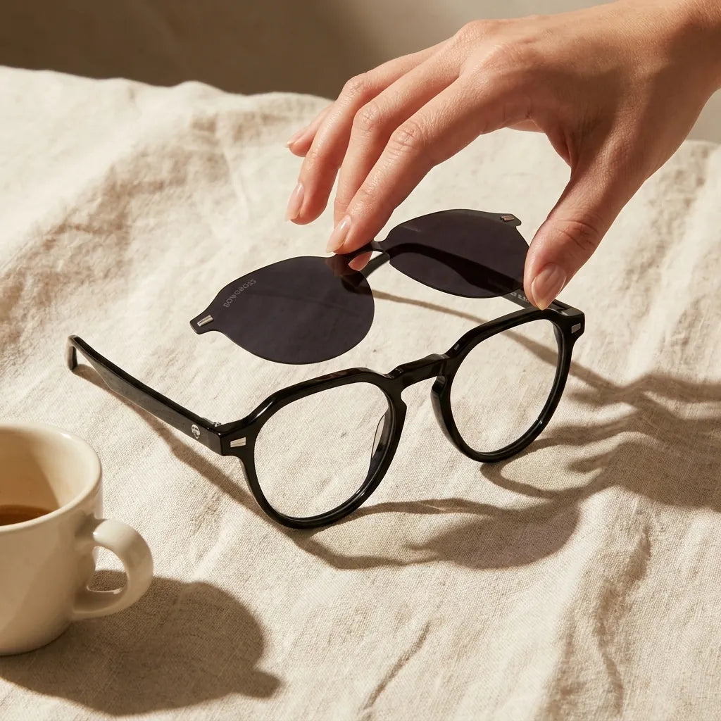 Bonoboss Galápagos Clip Sol Negro - detalle armazon clip-on still life close-up #editorial_armazon #color_negro