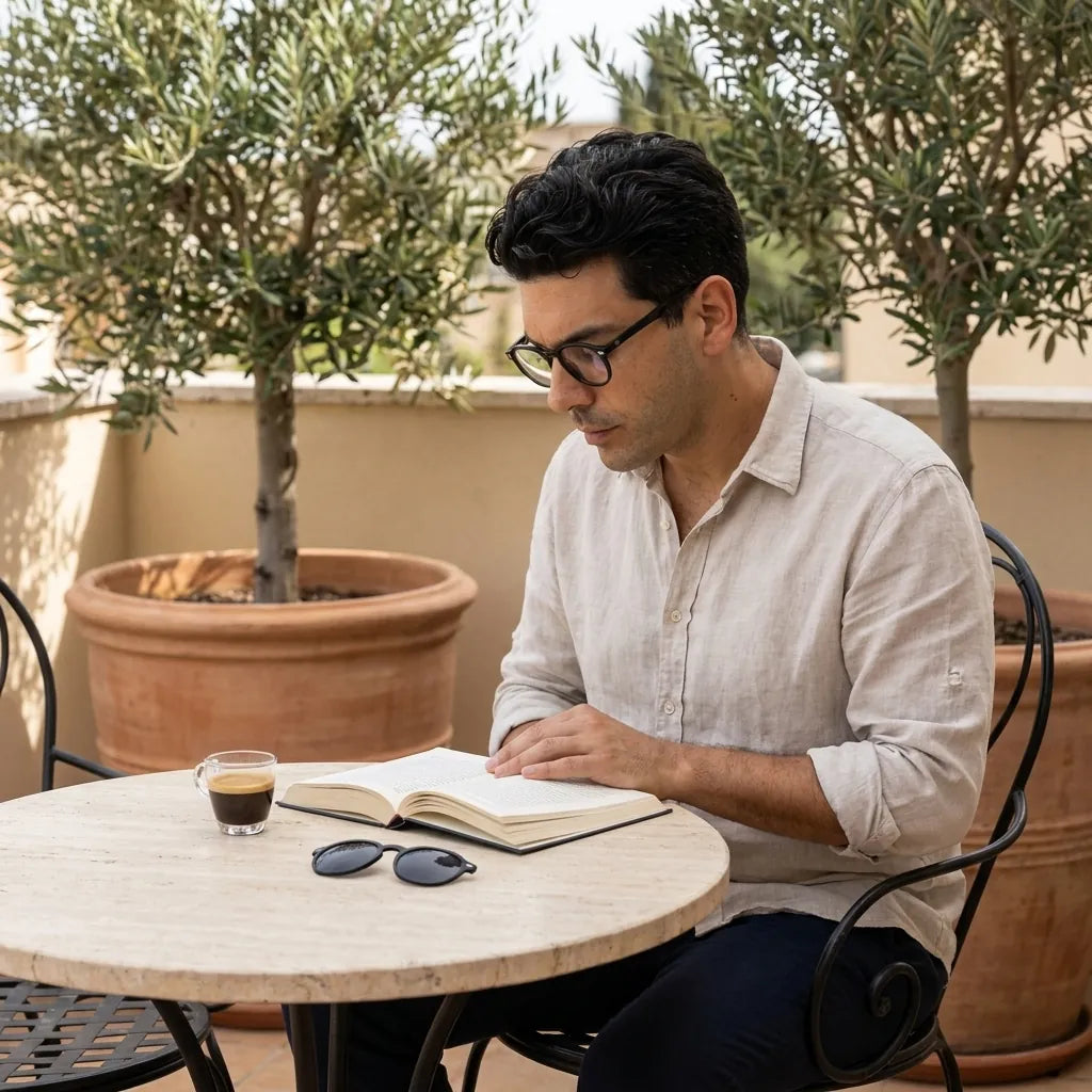 Bonoboss Galápagos Clip Sol Negro - modelo terraza lectura libro espresso golden hour #editorial_lifestyle2 #color_negro