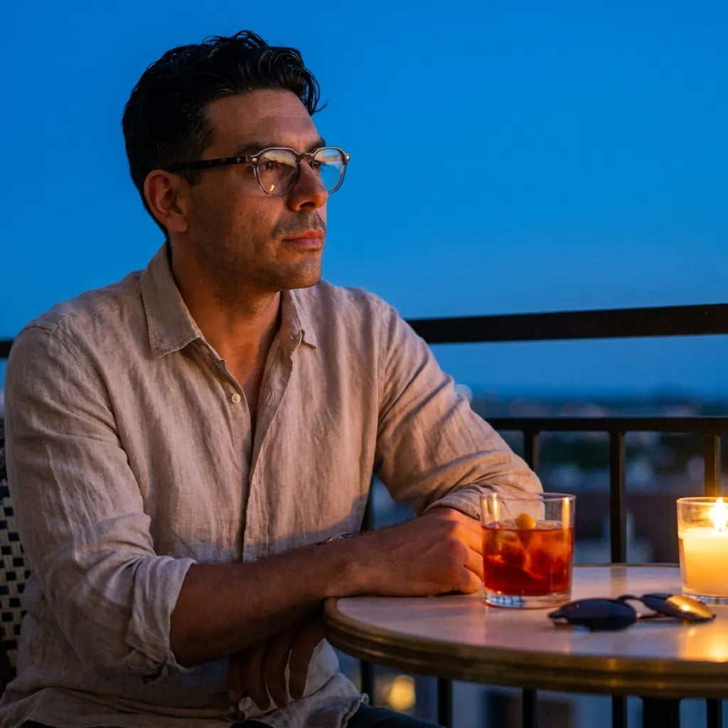 Bonoboss Galápagos Clip Sol Transparente - modelo aperitivo atardecer terraza blue hour #editorial_lifestyle4 #color_transparente