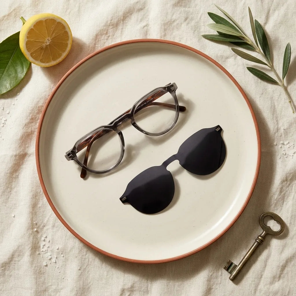 Bonoboss Galápagos Clip Sol Transparente - flatlay editorial riviera modo óptico sistema clip-on 2 piezas #editorial_modo_optico #color_transparente