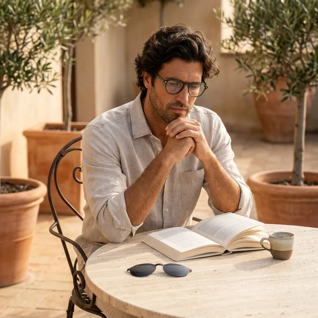 Bonoboss Galápagos Clip Sol Verde - modelo terraza lectura libro espresso golden hour #editorial_lifestyle2 #color_verde