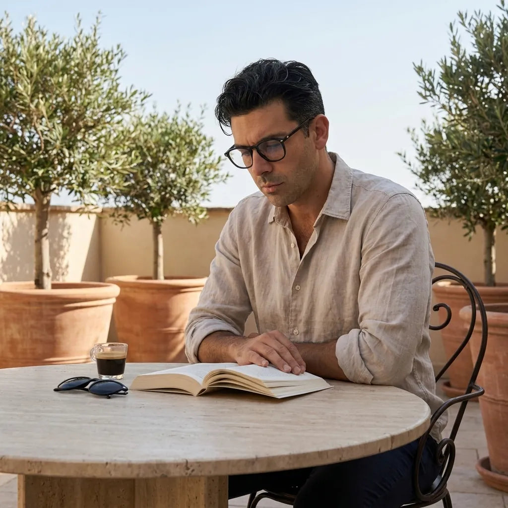 Bonoboss Frutillar Clip Sol Negro - modelo terraza lectura libro espresso golden hour #editorial_lifestyle2 #color_negro