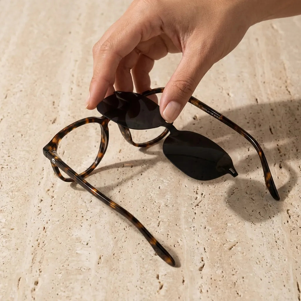 Bonoboss Frutillar Clip Sol Carey - detalle armazon clip-on still life close-up #editorial_armazon #color_carey