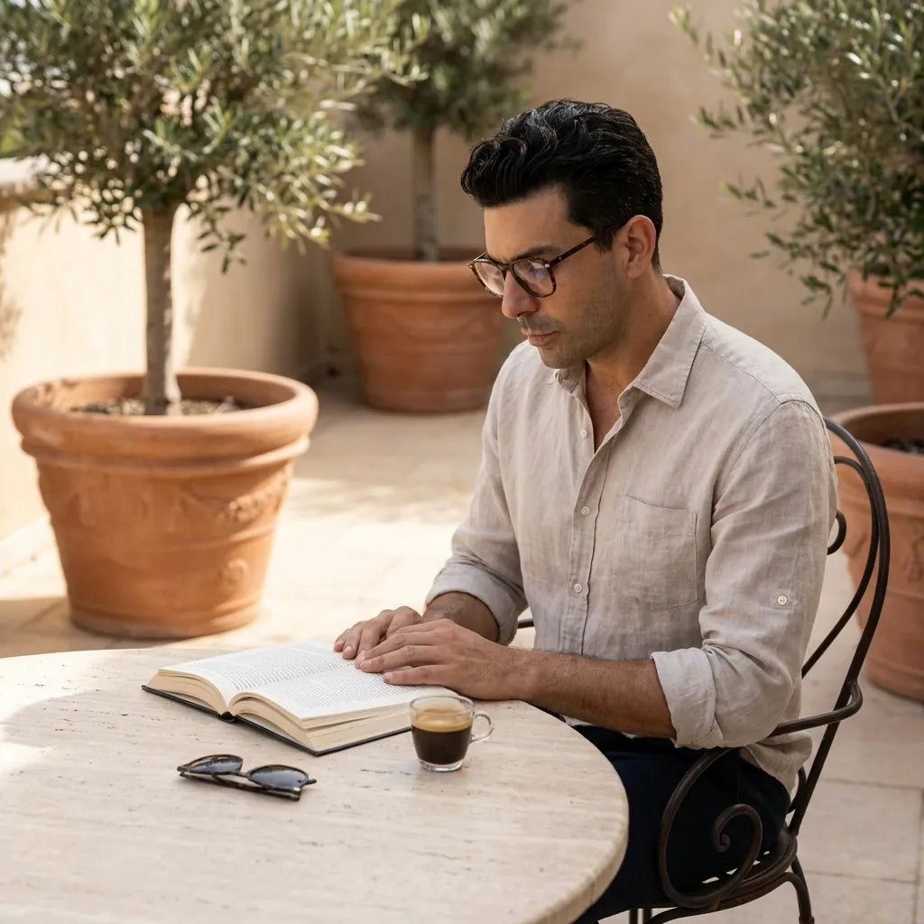 Bonoboss Frutillar Clip Sol Carey - modelo terraza lectura libro espresso golden hour #editorial_lifestyle2 #color_carey