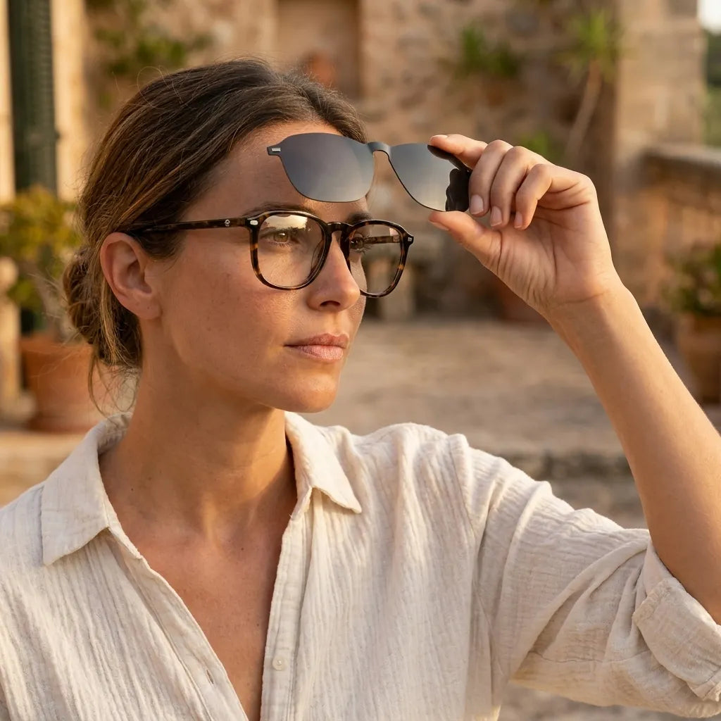 Bonoboss Frutillar Clip Sol Carey - modelo modo óptico inspeccionando lentes clip-on sistema 2 piezas #editorial_modo_optico #color_carey