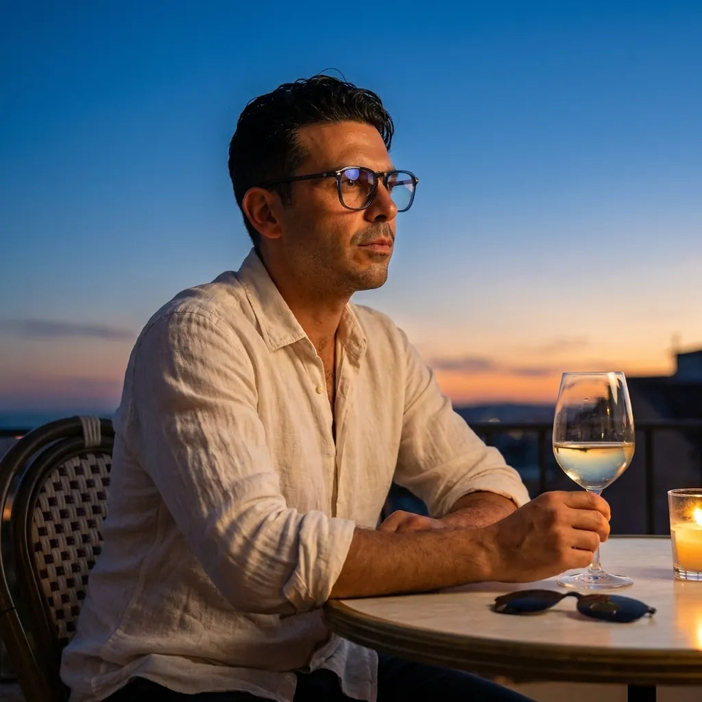Bonoboss Frutillar Clip Sol Azul - modelo aperitivo atardecer terraza blue hour #editorial_lifestyle4 #color_azul