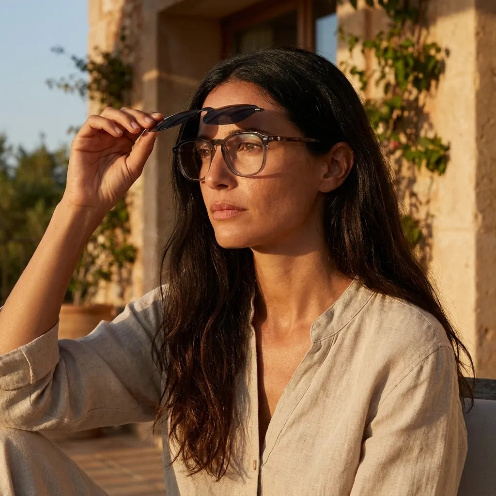 Bonoboss Frutillar Clip Sol Transparente - modelo modo óptico inspeccionando lentes clip-on sistema 2 piezas #editorial_modo_optico #color_transparente