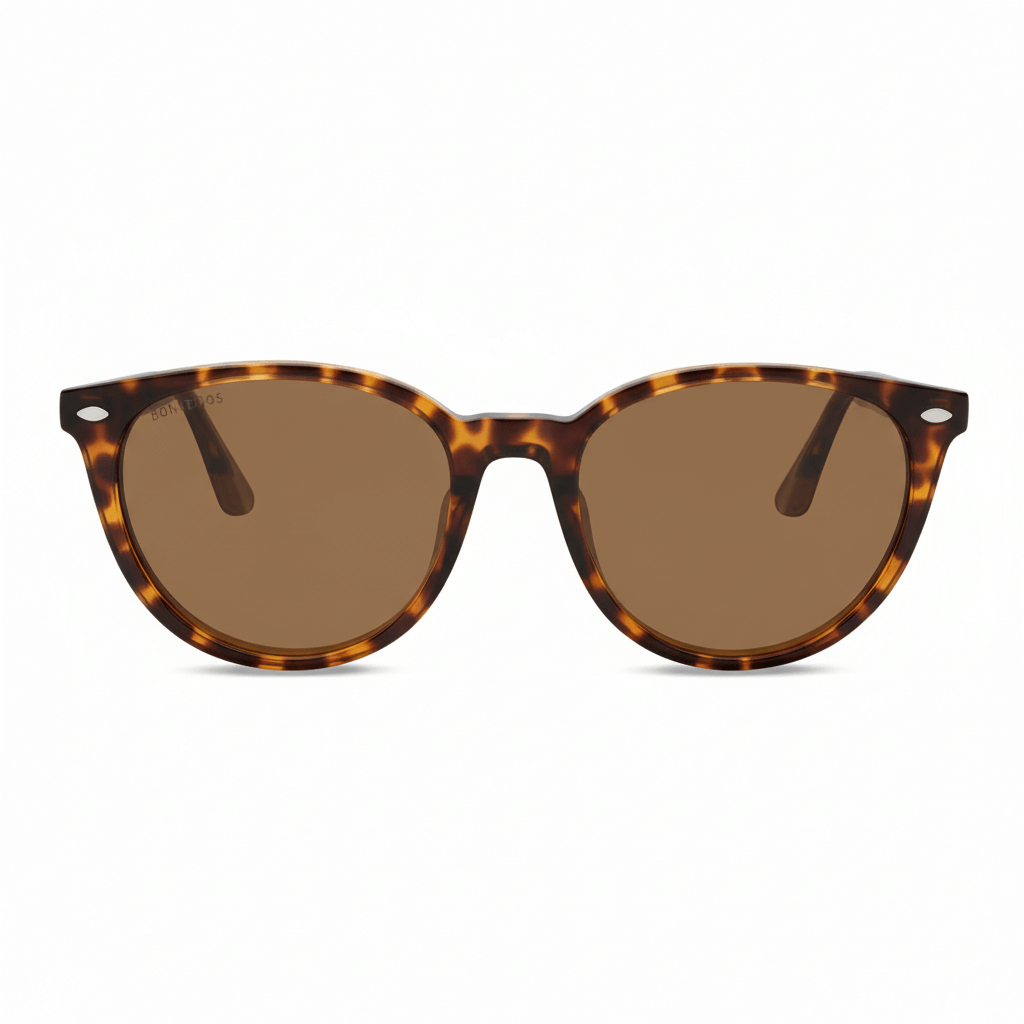 la vista frontal de unas gafas anteojos de sol polarizados de color carey con lentes de color cafe . Estos lentes quedan bien en mujeres y hombres de cara redonda #color_carey