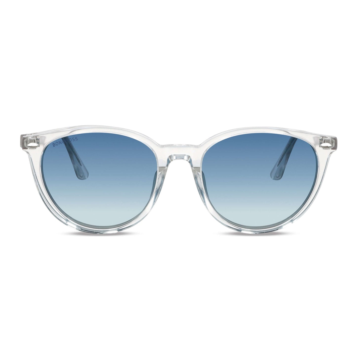 vista frontal de gafas anteojos de sol polarizados de color transparentes con lentes de color degradé azul. Estos lentes quedan bien en mujeres y hombres de cara redonda #color_transparente