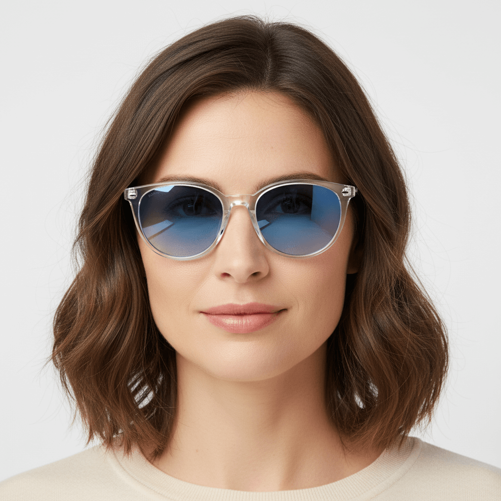 la vista frontal de una mujer con gafas anteojos de sol polarizados de color transparentes con lentes de color degradé azul. Estos lentes quedan bien en mujeres y hombres de cara redonda #color_transparente