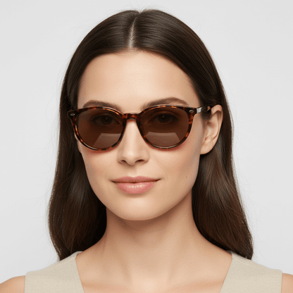 la vista frontal de unas mujer usando gafas anteojos de sol polarizados de color carey con lentes de color cafe . Estos lentes quedan bien en mujeres y hombres de cara redonda #color_carey