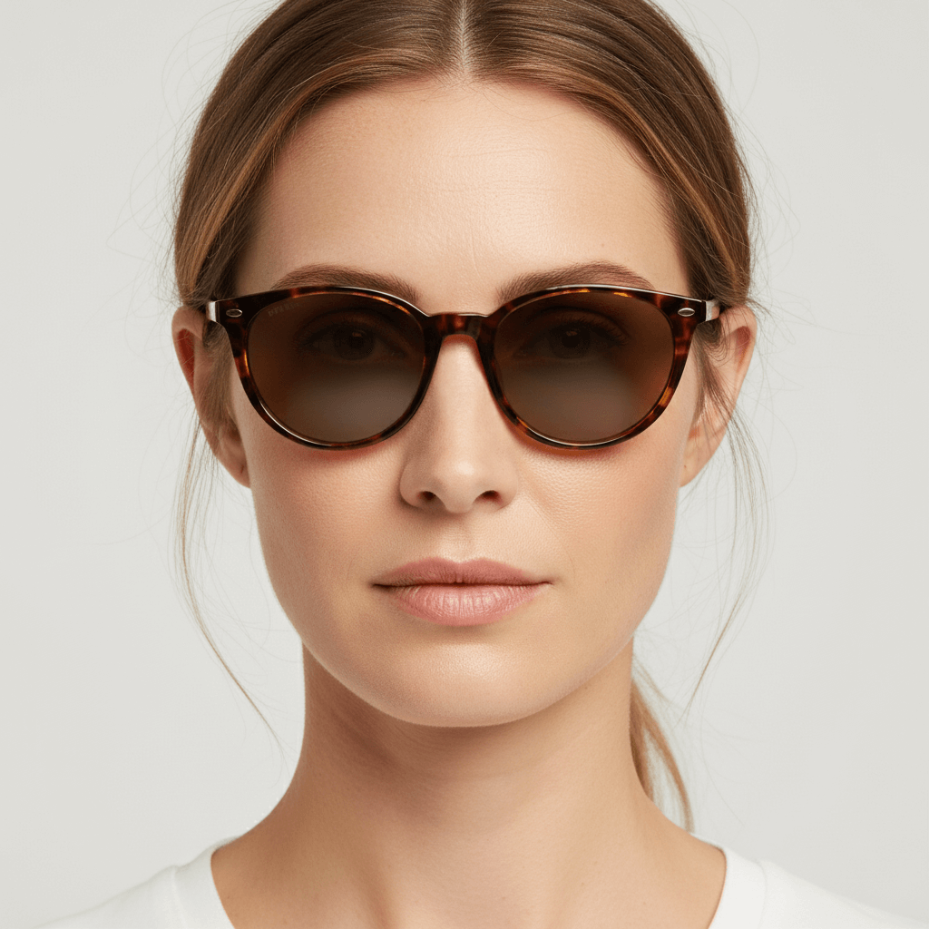 la vista frontal de unas mujer de cara ovalada de pelo colorin usando gafas anteojos de sol polarizados de color carey con lentes de color cafe . Estos lentes quedan bien en mujeres y hombres de cara redonda #color_carey