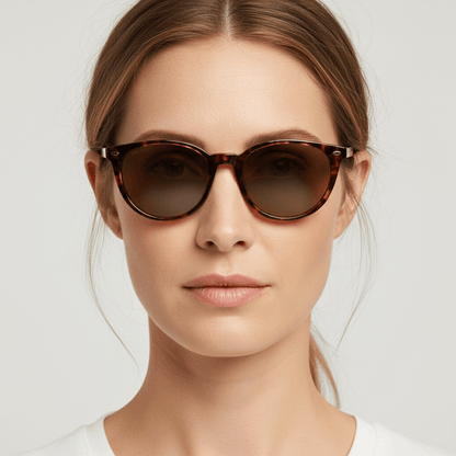 la vista frontal de unas mujer de cara ovalada de pelo colorin usando gafas anteojos de sol polarizados de color carey con lentes de color cafe . Estos lentes quedan bien en mujeres y hombres de cara redonda #color_carey