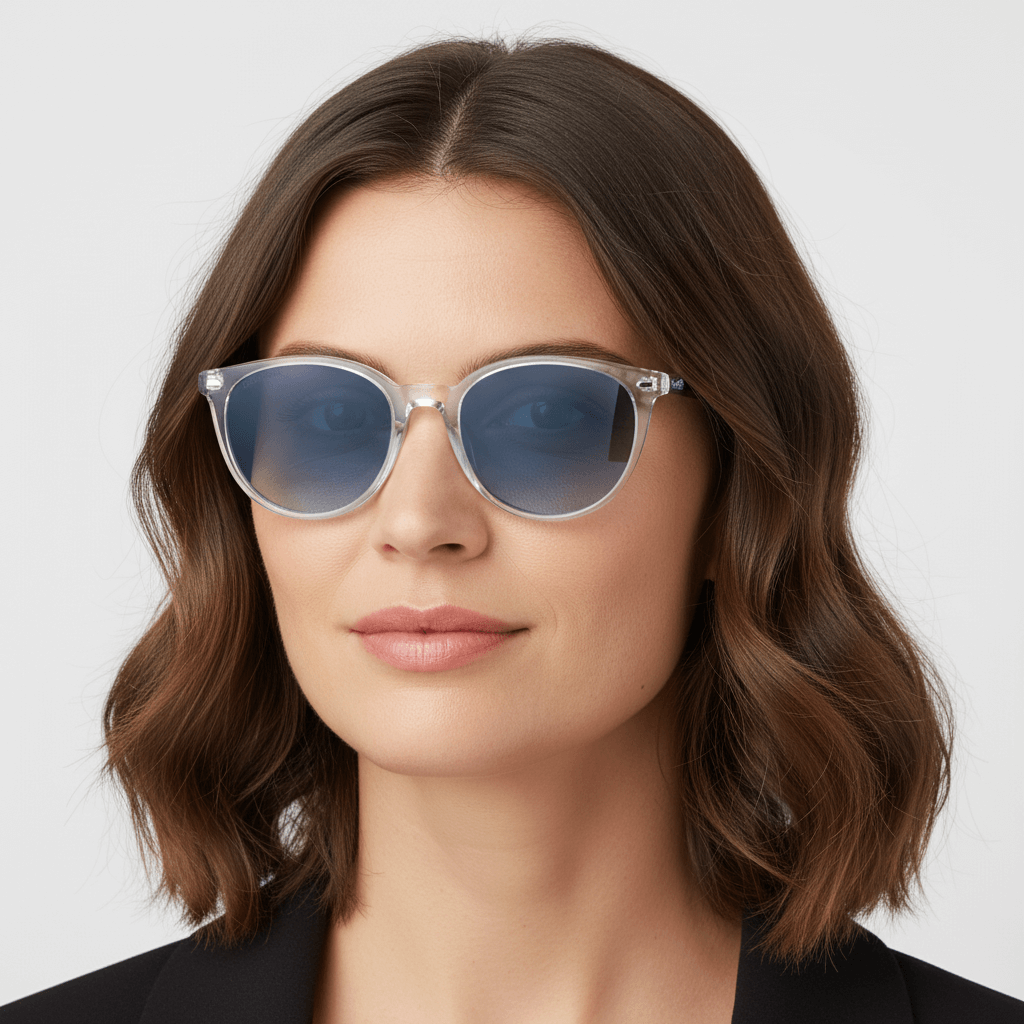 la vista lateral de una mujer con el pelo suelto usando gafas anteojos de sol polarizados de color transparentes con lentes de color degradé azul. Estos lentes quedan bien en mujeres y hombres de cara redonda #color_transparente