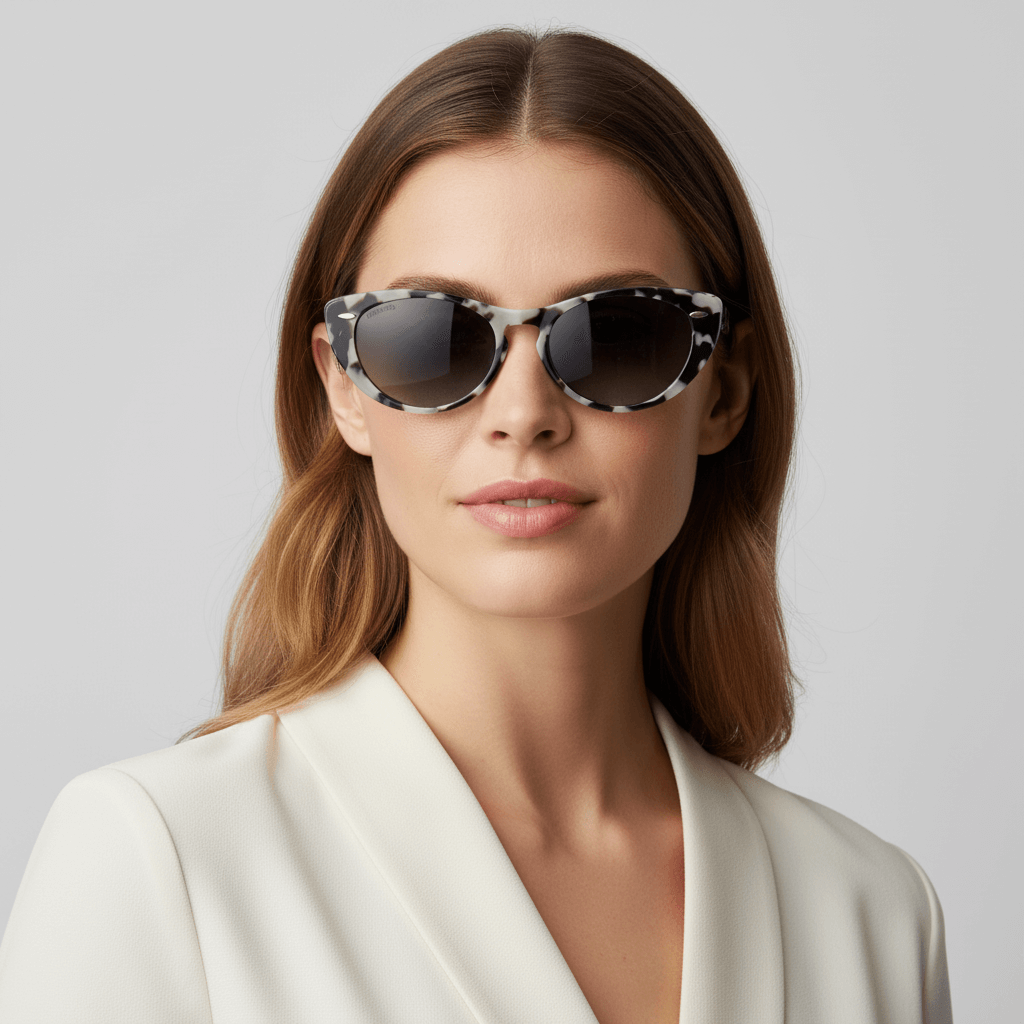 la vista frontal de una mujer con el pelo suelto color castaño claro usando anteojos de sol polarizados de color tipo marmoleado bonoboss en acetato sustentable #color_marble