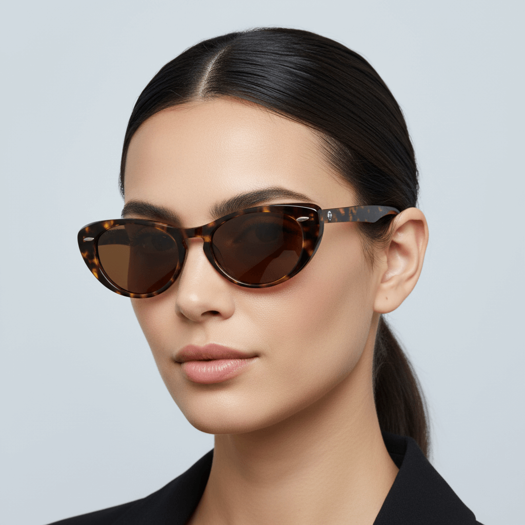 la vista lateral de una mujer usando unos  anteojos de sol polarizados bonoboss de color carey con lentes cafe con puntos metalicos en los costados de forma agatada y con un puente para una nariz ancha #color_carey