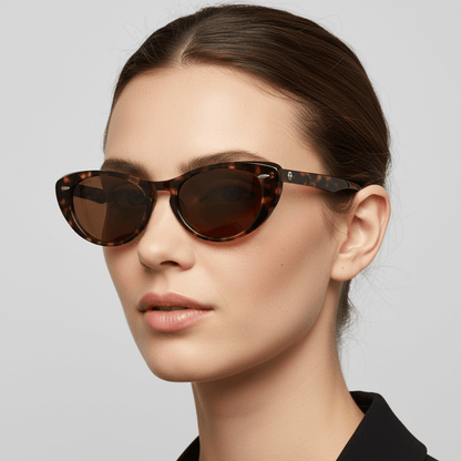 la vista lateral de una mujer de pelo tomado castaño oscuro con cara redondas usando unos anteojos de sol polarizados bonoboss de color carey con lentes cafe con puntos metalicos en los costados de forma agatada y con un puente para una nariz ancha #color_carey