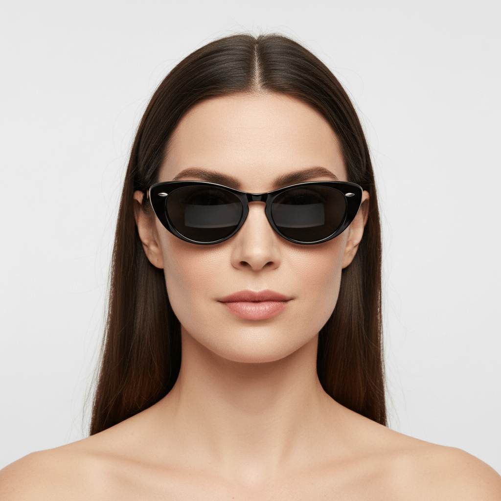 la vista frontal de una mujer de pelo liso suelto castaño usando unos anteojos de color negro agatados retro con tachas metalicas en los costados en acetato reciclado sustentable biodegradable para hombre y mujer #color_negro