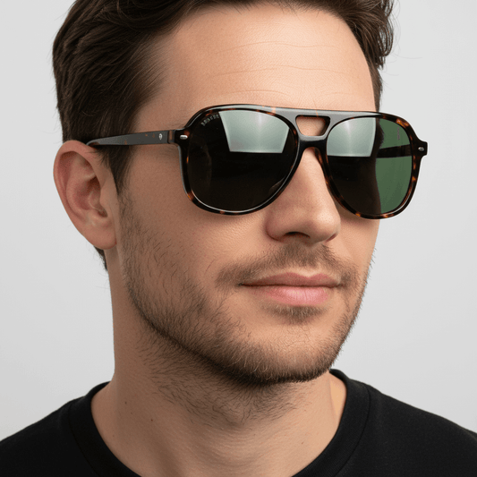la vista frontal de un hombre de cara ovalada y barba sutil usando unos anteojos de sol bonoboss oversized de color carey con lentes verdes g15 forma aviador clasica de moda para hombre y mujer #color_carey