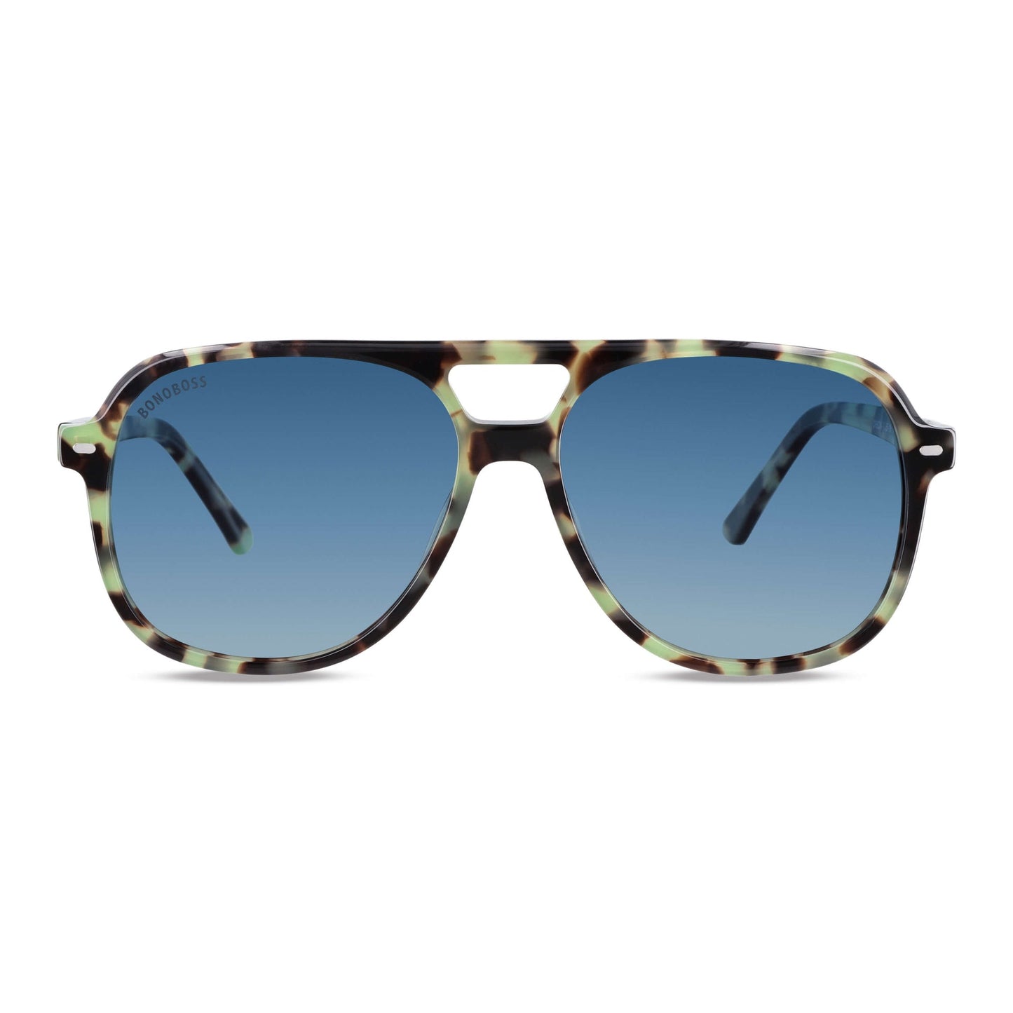 la vista frontal de unos anteojos de sol bonoboss oversized de color carey verde militar con lentes degrade azul forma aviador clasica de moda para hombre y mujer #color_verde