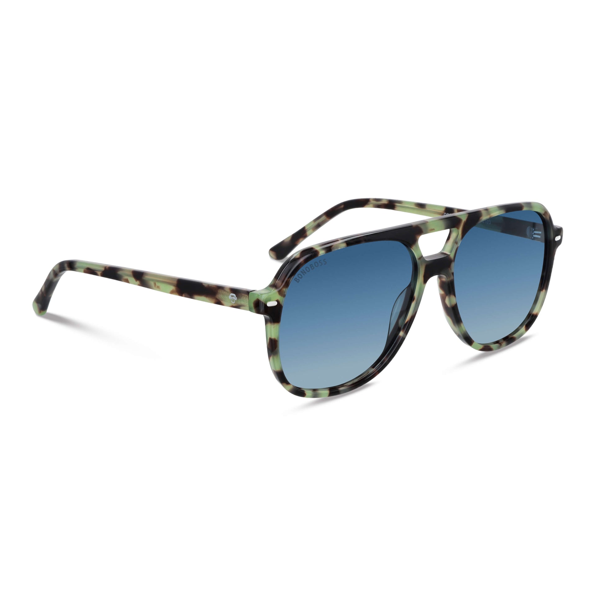 la vista lateral de unos anteojos de sol bonoboss oversized de color carey verde militar con lentes degrade azul forma aviador clasica de moda para hombre y mujer #color_verde