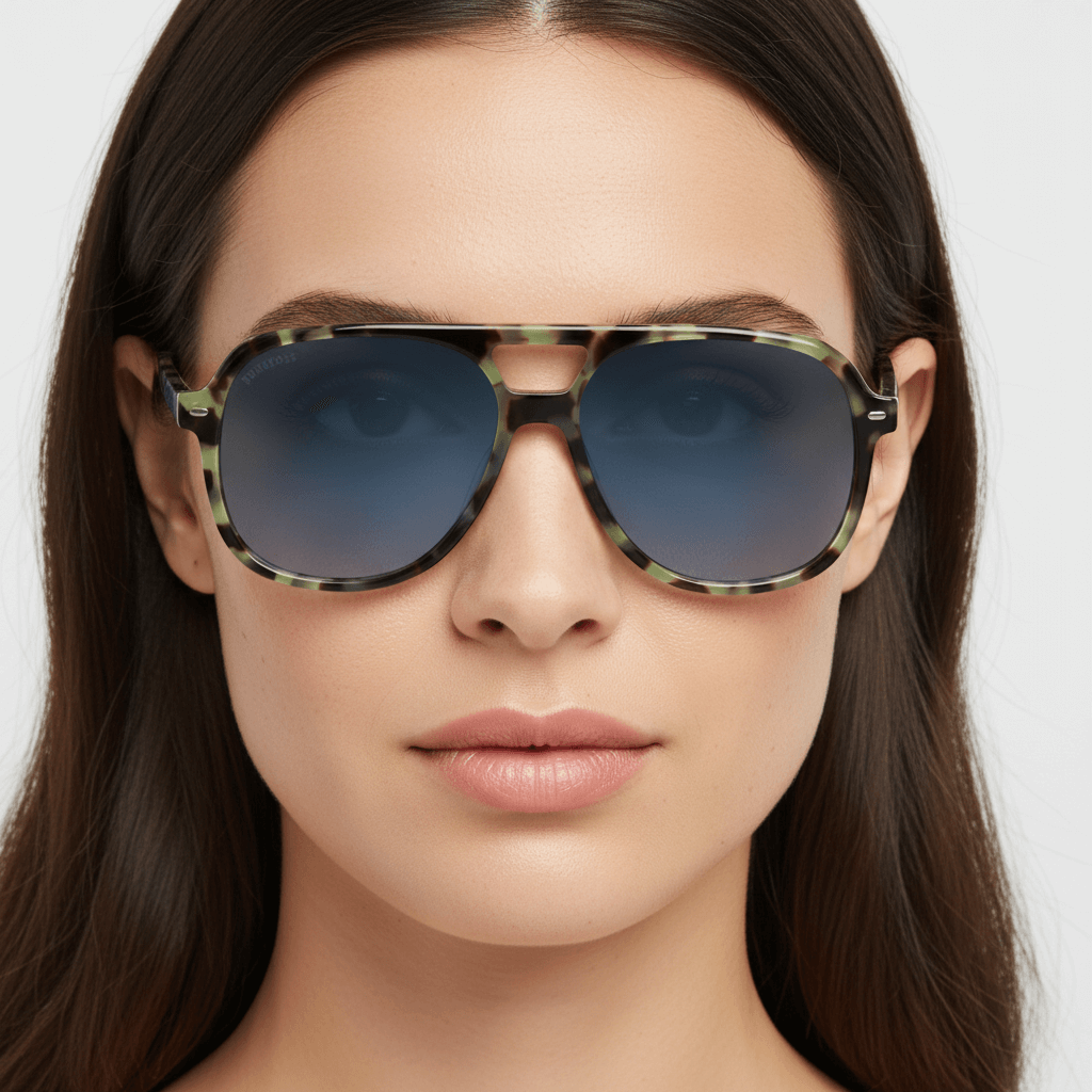 la vista frontal de una mujer con cara ovalada y pelo liso suelto usando unos anteojos de sol bonoboss oversized de color carey verde militar con lentes degrade azul forma aviador clasica de moda para hombre y mujer #color_verde