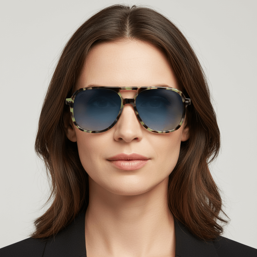 la vista frontal de una mujer con cara ovalada y pelo ondulado suelto usando unos anteojos de sol bonoboss oversized de color carey verde militar con lentes degrade azul forma aviador clasica de moda para hombre y mujer #color_verde