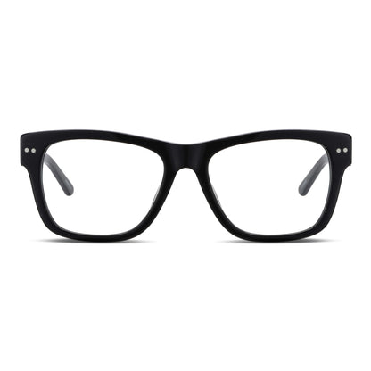 vista frontal de unos anteojos o armazones ópticos de moda de color negros y forma cuadrados gruesos para hombre hombre mujer cara redonda opticos multifocales bifocales receta mayorista distribuidor sustentables#color_negro