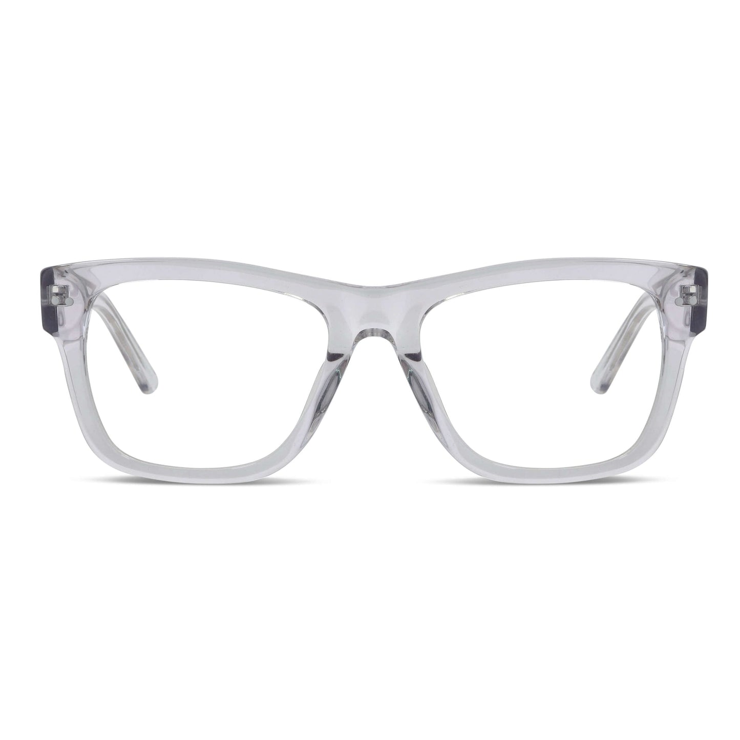 vista frontal de unos anteojos o armazones ópticos de color transparente de moda y forma cuadrados gruesos para hombre hombre mujer cara redonda opticos multifocales bifocales receta mayorista distribuidor sustentables#color_transparente