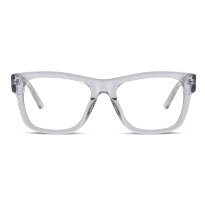 vista frontal de unos anteojos o armazones ópticos de color transparente de moda y forma cuadrados gruesos para hombre hombre mujer cara redonda opticos multifocales bifocales receta mayorista distribuidor sustentables#color_transparente