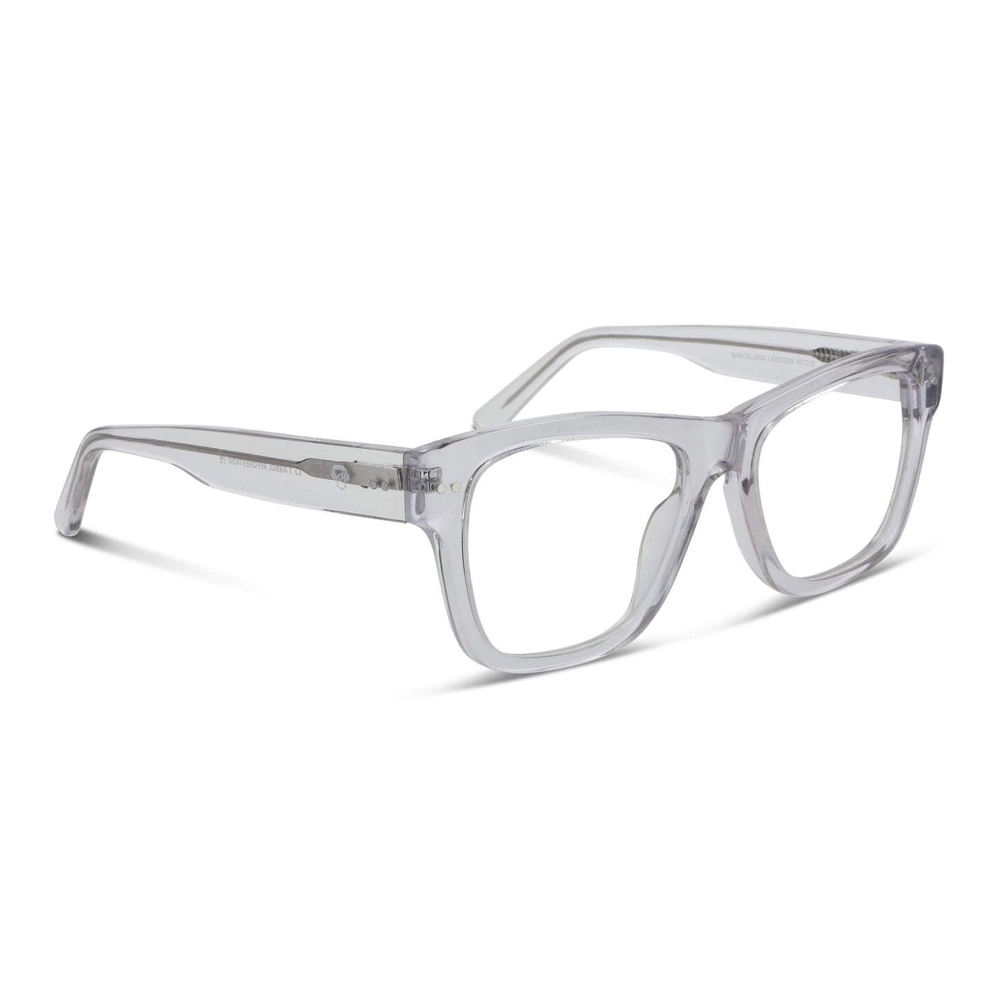 vista lateral o angulada de unos anteojos o marcos ópticos para hombre y mujer de moda de color transparente#color_transparente